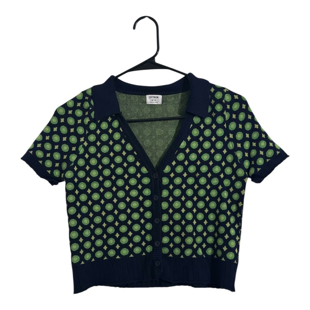 Cotton On Women's Navy Green Geometric Short Sleeve Knit Cardigan CropTop Size M
